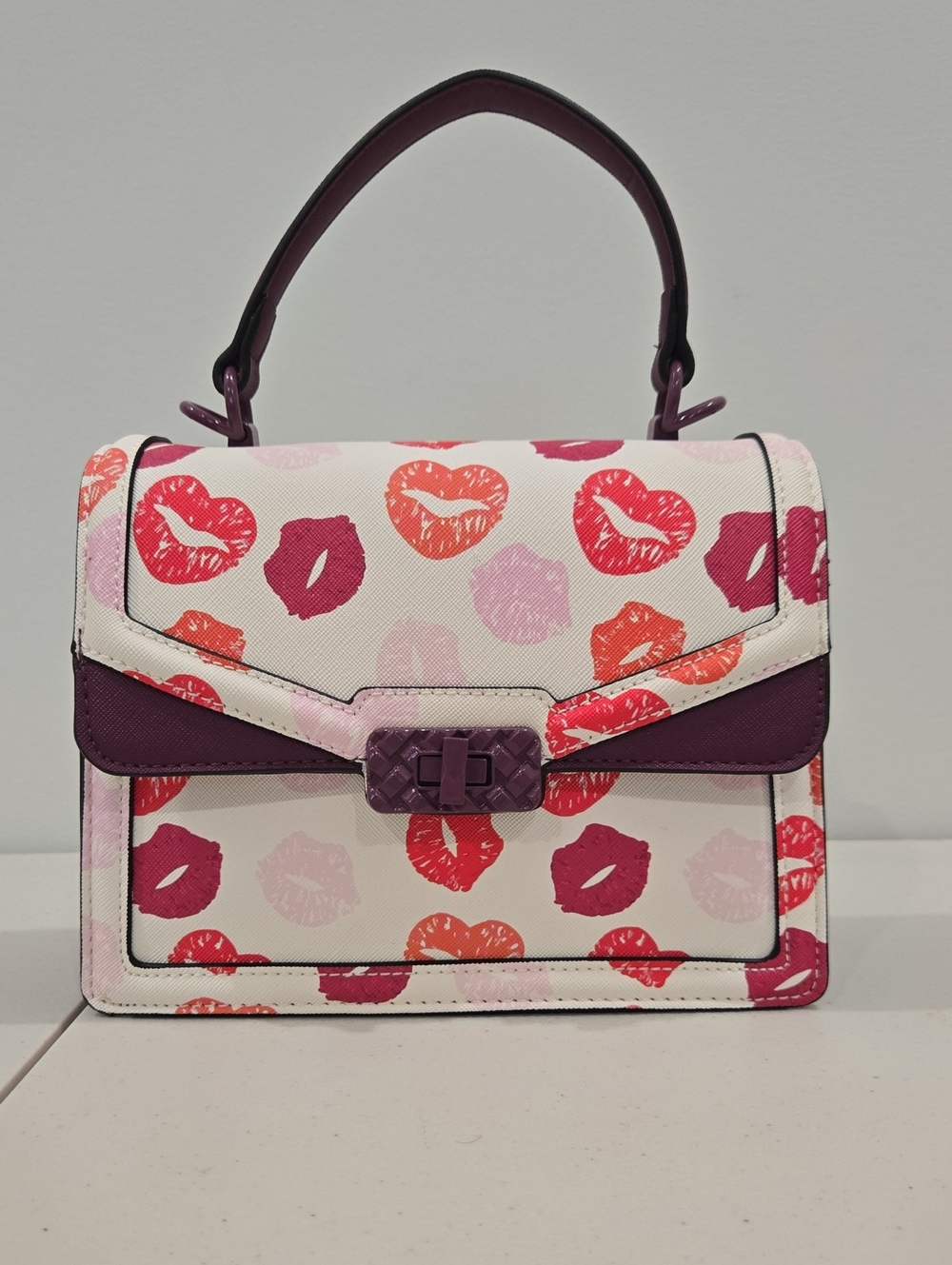 Aldo White Satchel with Pink and Red Kiss Print